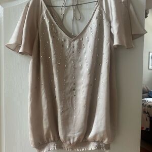 Beige Embellished V-Neck Blouse